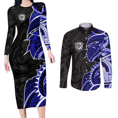 Canterbury Bankstown Bulldogs Couples Matching Long Sleeve Bodycon Dress and Long Sleeve Button Shirt Polynesian Tribal Tattoo Pacific Sport Art