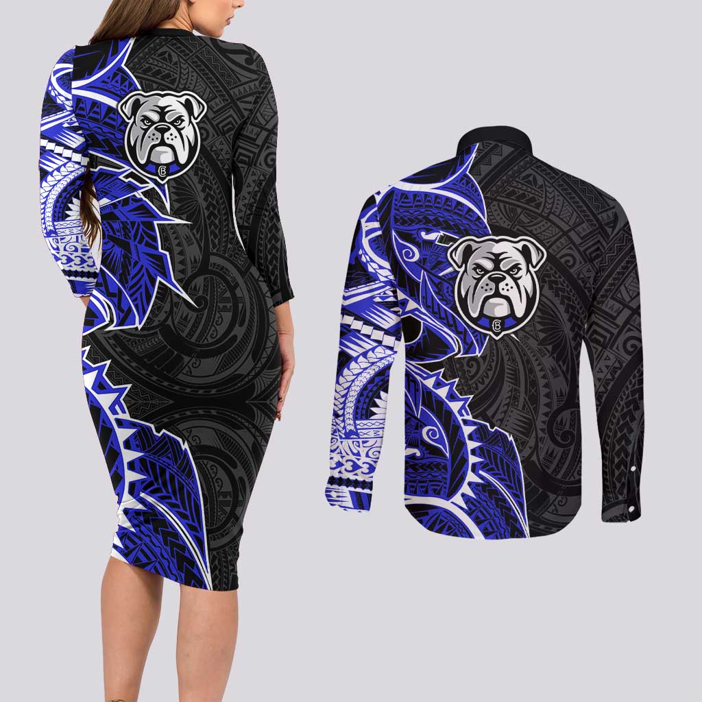 Canterbury Bankstown Bulldogs Couples Matching Long Sleeve Bodycon Dress and Long Sleeve Button Shirt Polynesian Tribal Tattoo Pacific Sport Art