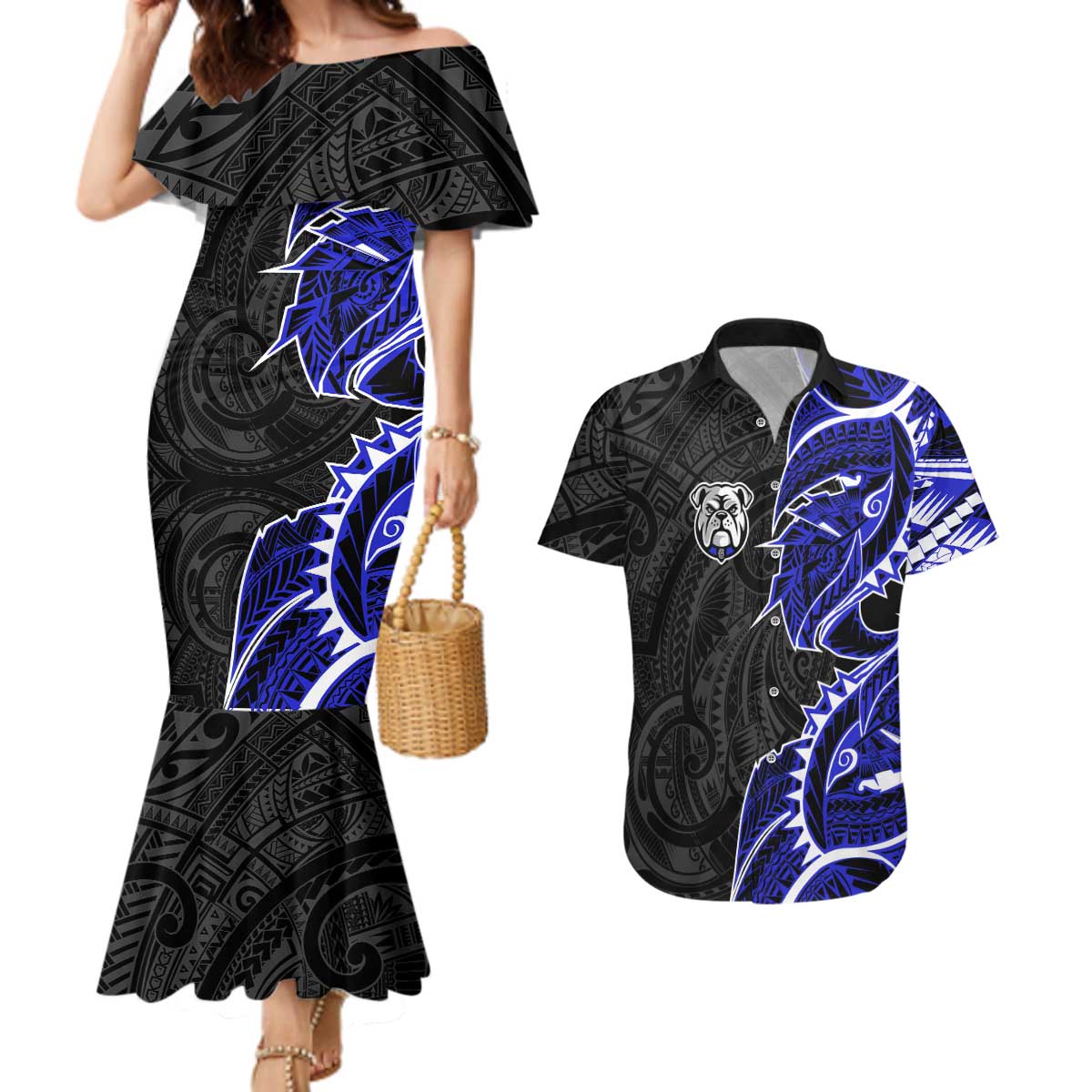 Canterbury Bankstown Bulldogs Couples Matching Mermaid Dress and Hawaiian Shirt Polynesian Tribal Tattoo Pacific Sport Art