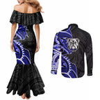 Canterbury Bankstown Bulldogs Couples Matching Mermaid Dress and Long Sleeve Button Shirt Polynesian Tribal Tattoo Pacific Sport Art