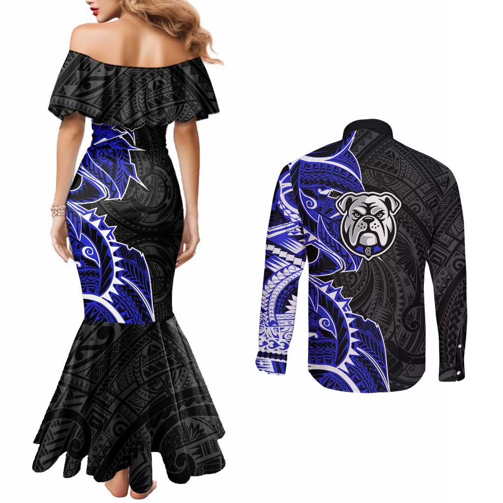 Canterbury Bankstown Bulldogs Couples Matching Mermaid Dress and Long Sleeve Button Shirt Polynesian Tribal Tattoo Pacific Sport Art