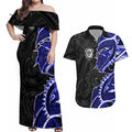 Canterbury Bankstown Bulldogs Couples Matching Off Shoulder Maxi Dress and Hawaiian Shirt Polynesian Tribal Tattoo Pacific Sport Art
