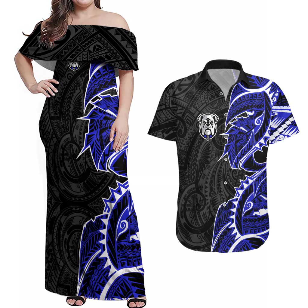 Canterbury Bankstown Bulldogs Couples Matching Off Shoulder Maxi Dress and Hawaiian Shirt Polynesian Tribal Tattoo Pacific Sport Art