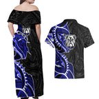 Canterbury Bankstown Bulldogs Couples Matching Off Shoulder Maxi Dress and Hawaiian Shirt Polynesian Tribal Tattoo Pacific Sport Art