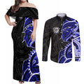 Canterbury Bankstown Bulldogs Couples Matching Off Shoulder Maxi Dress and Long Sleeve Button Shirt Polynesian Tribal Tattoo Pacific Sport Art