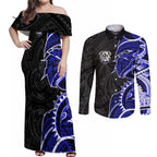Canterbury Bankstown Bulldogs Couples Matching Off Shoulder Maxi Dress and Long Sleeve Button Shirt Polynesian Tribal Tattoo Pacific Sport Art