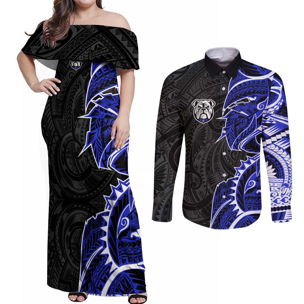Canterbury Bankstown Bulldogs Couples Matching Off Shoulder Maxi Dress and Long Sleeve Button Shirt Polynesian Tribal Tattoo Pacific Sport Art
