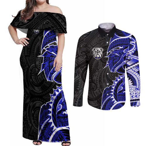 Canterbury Bankstown Bulldogs Couples Matching Off Shoulder Maxi Dress and Long Sleeve Button Shirt Polynesian Tribal Tattoo Pacific Sport Art