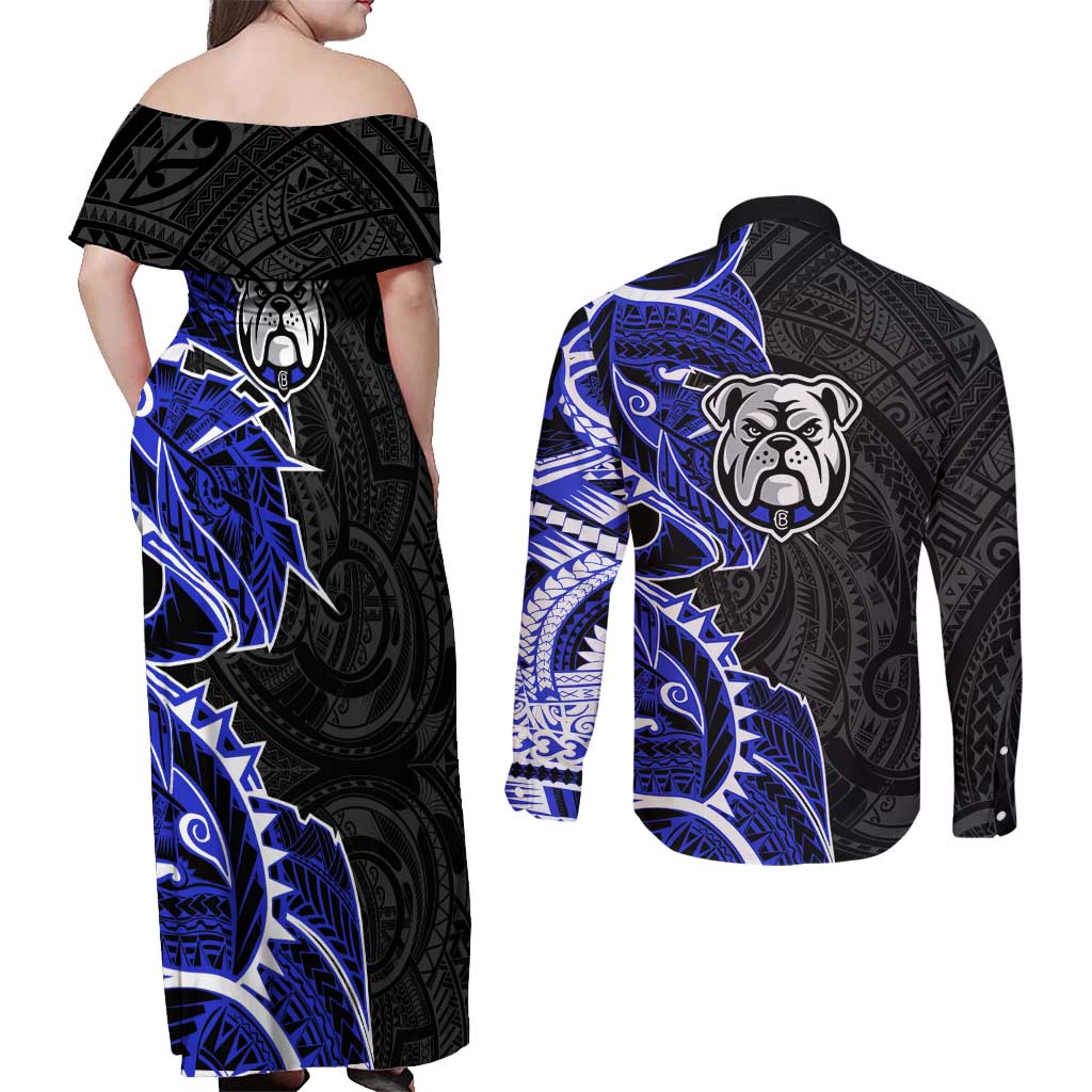 Canterbury Bankstown Bulldogs Couples Matching Off Shoulder Maxi Dress and Long Sleeve Button Shirt Polynesian Tribal Tattoo Pacific Sport Art