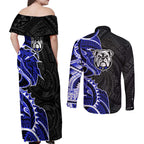 Canterbury Bankstown Bulldogs Couples Matching Off Shoulder Maxi Dress and Long Sleeve Button Shirt Polynesian Tribal Tattoo Pacific Sport Art