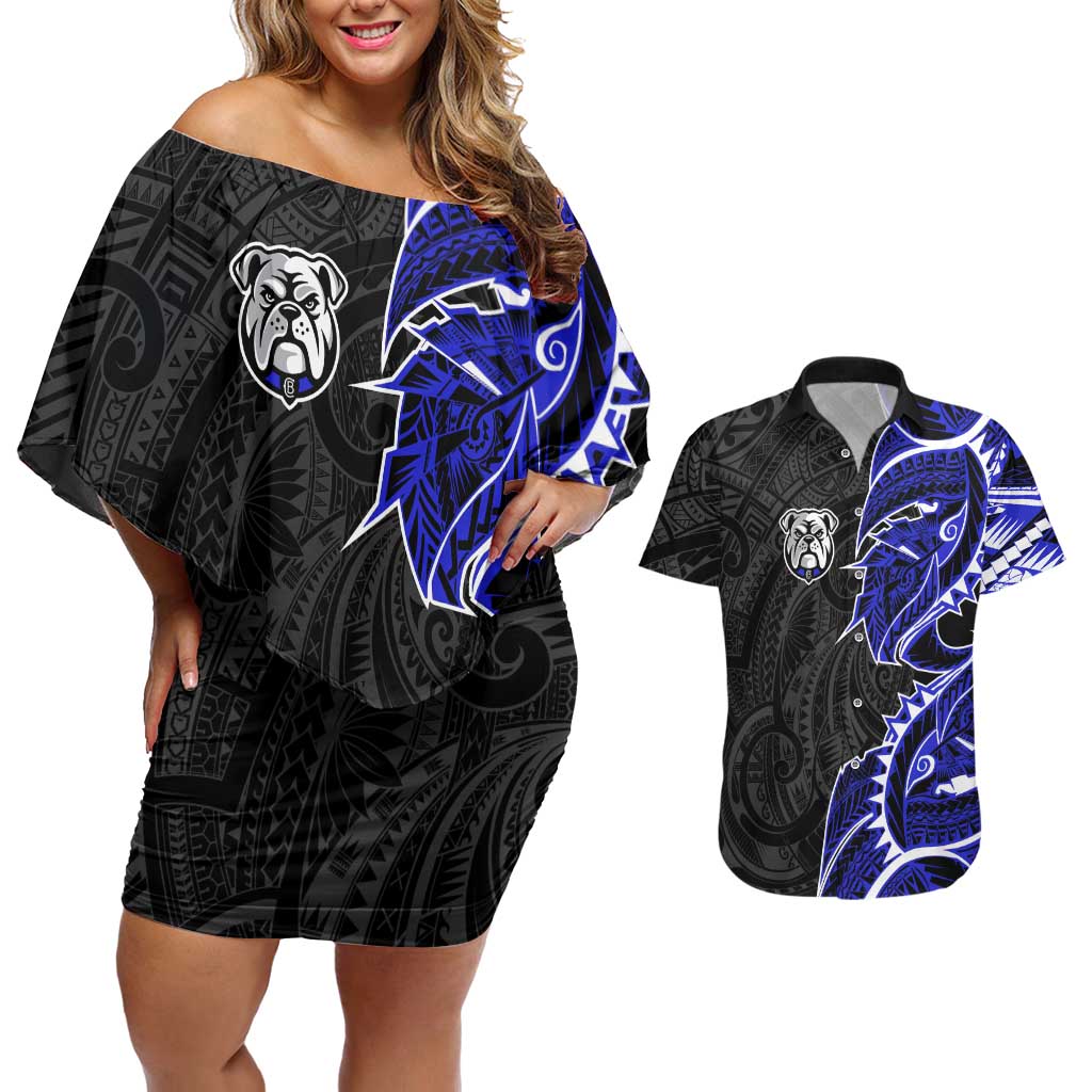 Canterbury Bankstown Bulldogs Couples Matching Off Shoulder Short Dress and Hawaiian Shirt Polynesian Tribal Tattoo Pacific Sport Art