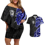 Canterbury Bankstown Bulldogs Couples Matching Off Shoulder Short Dress and Hawaiian Shirt Polynesian Tribal Tattoo Pacific Sport Art