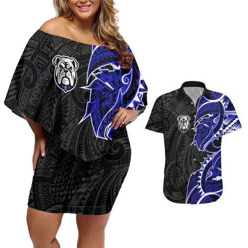 Canterbury Bankstown Bulldogs Couples Matching Off Shoulder Short Dress and Hawaiian Shirt Polynesian Tribal Tattoo Pacific Sport Art