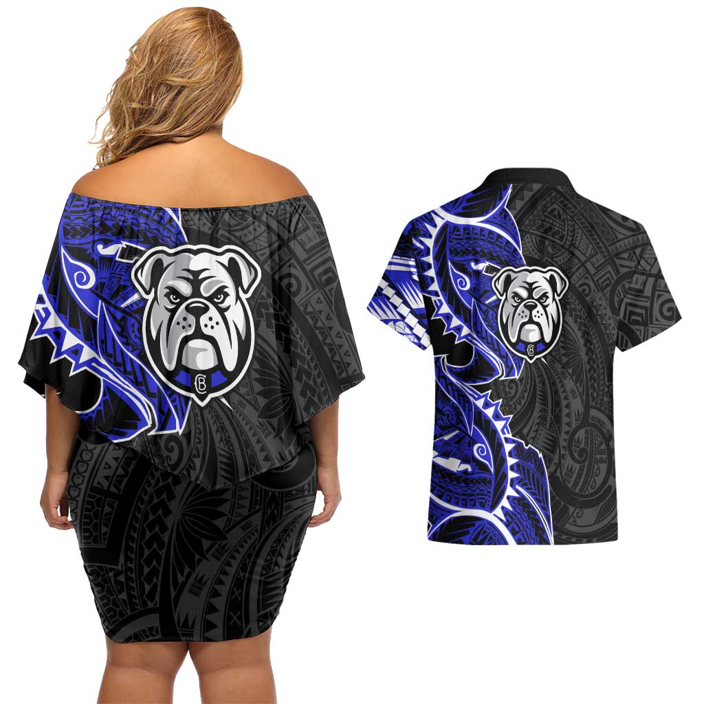 Canterbury Bankstown Bulldogs Couples Matching Off Shoulder Short Dress and Hawaiian Shirt Polynesian Tribal Tattoo Pacific Sport Art