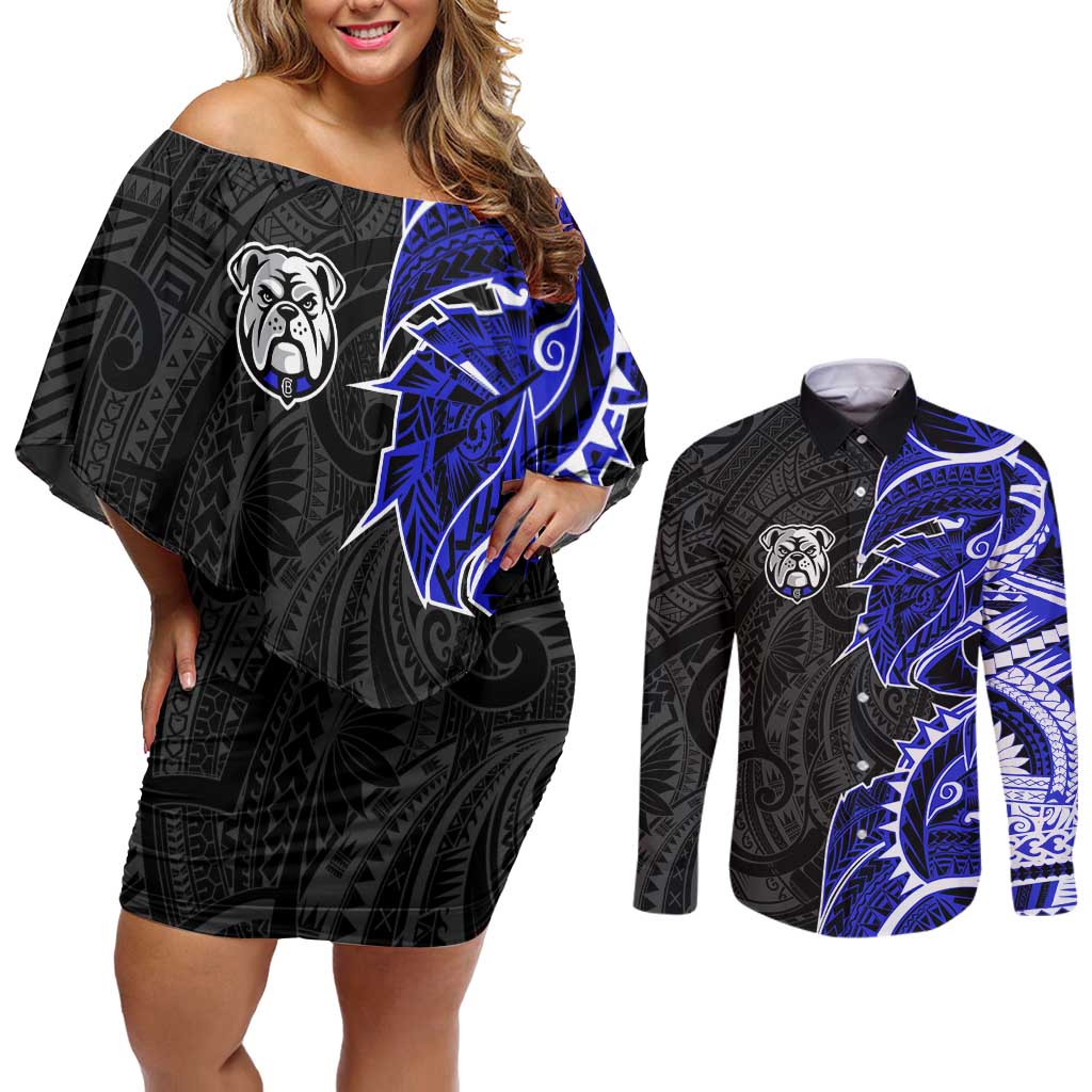 Canterbury Bankstown Bulldogs Couples Matching Off Shoulder Short Dress and Long Sleeve Button Shirt Polynesian Tribal Tattoo Pacific Sport Art