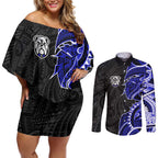 Canterbury Bankstown Bulldogs Couples Matching Off Shoulder Short Dress and Long Sleeve Button Shirt Polynesian Tribal Tattoo Pacific Sport Art