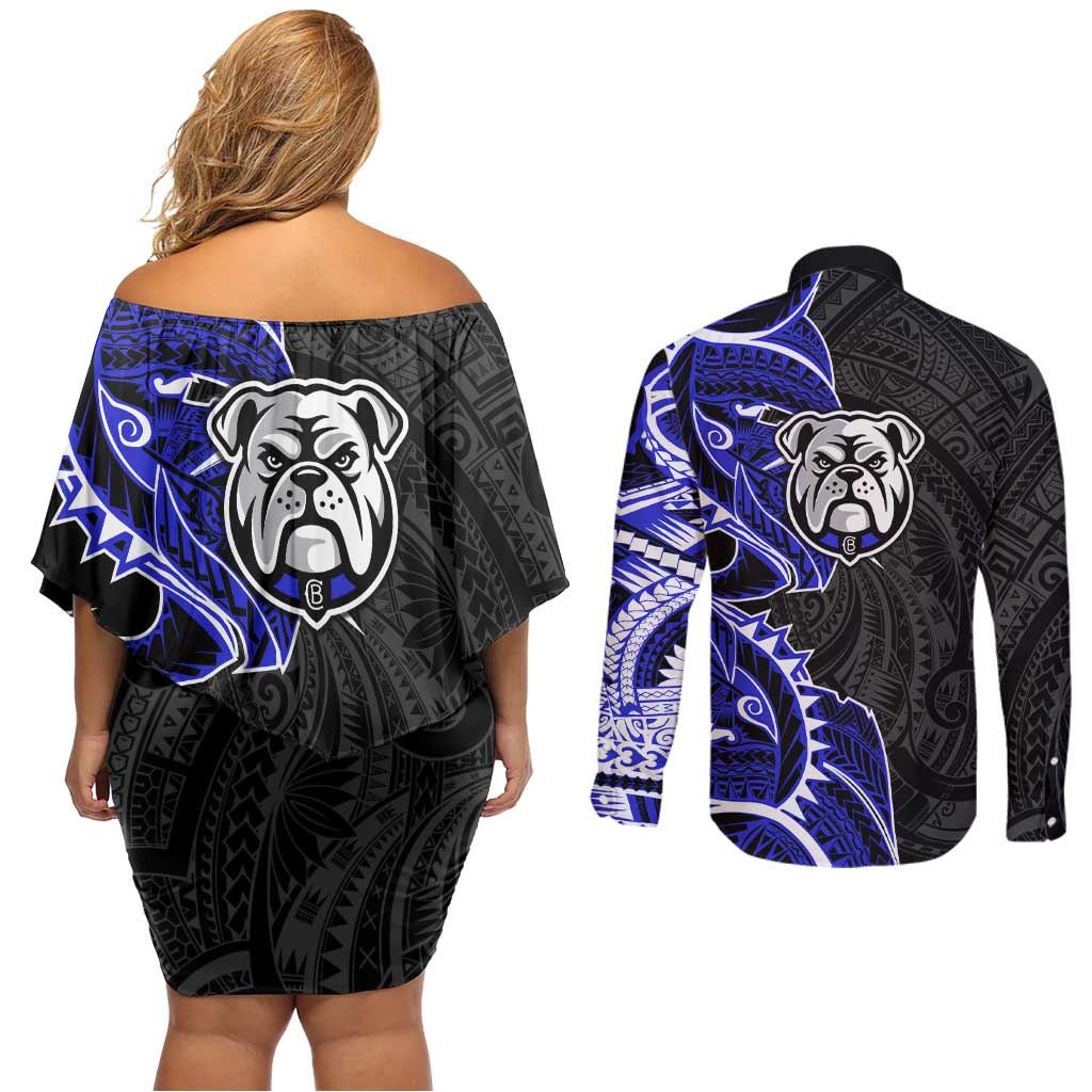 Canterbury Bankstown Bulldogs Couples Matching Off Shoulder Short Dress and Long Sleeve Button Shirt Polynesian Tribal Tattoo Pacific Sport Art
