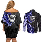 Canterbury Bankstown Bulldogs Couples Matching Off Shoulder Short Dress and Long Sleeve Button Shirt Polynesian Tribal Tattoo Pacific Sport Art