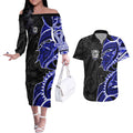 Canterbury Bankstown Bulldogs Couples Matching Off The Shoulder Long Sleeve Dress and Hawaiian Shirt Polynesian Tribal Tattoo Pacific Sport Art