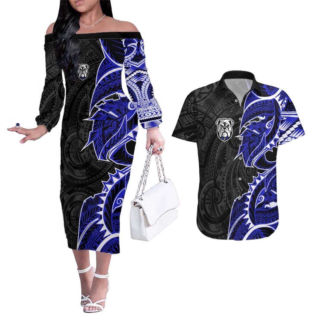 Canterbury Bankstown Bulldogs Couples Matching Off The Shoulder Long Sleeve Dress and Hawaiian Shirt Polynesian Tribal Tattoo Pacific Sport Art