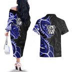 Canterbury Bankstown Bulldogs Couples Matching Off The Shoulder Long Sleeve Dress and Hawaiian Shirt Polynesian Tribal Tattoo Pacific Sport Art