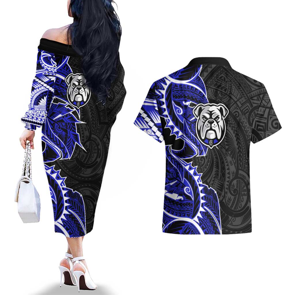 Canterbury Bankstown Bulldogs Couples Matching Off The Shoulder Long Sleeve Dress and Hawaiian Shirt Polynesian Tribal Tattoo Pacific Sport Art
