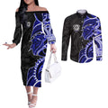 Canterbury Bankstown Bulldogs Couples Matching Off The Shoulder Long Sleeve Dress and Long Sleeve Button Shirt Polynesian Tribal Tattoo Pacific Sport Art