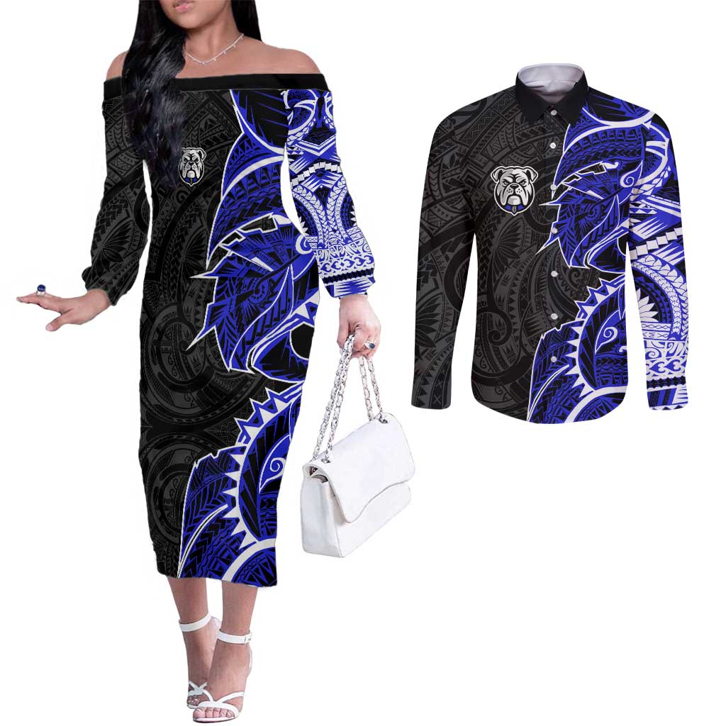 Canterbury Bankstown Bulldogs Couples Matching Off The Shoulder Long Sleeve Dress and Long Sleeve Button Shirt Polynesian Tribal Tattoo Pacific Sport Art