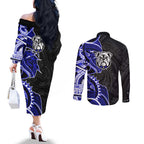 Canterbury Bankstown Bulldogs Couples Matching Off The Shoulder Long Sleeve Dress and Long Sleeve Button Shirt Polynesian Tribal Tattoo Pacific Sport Art