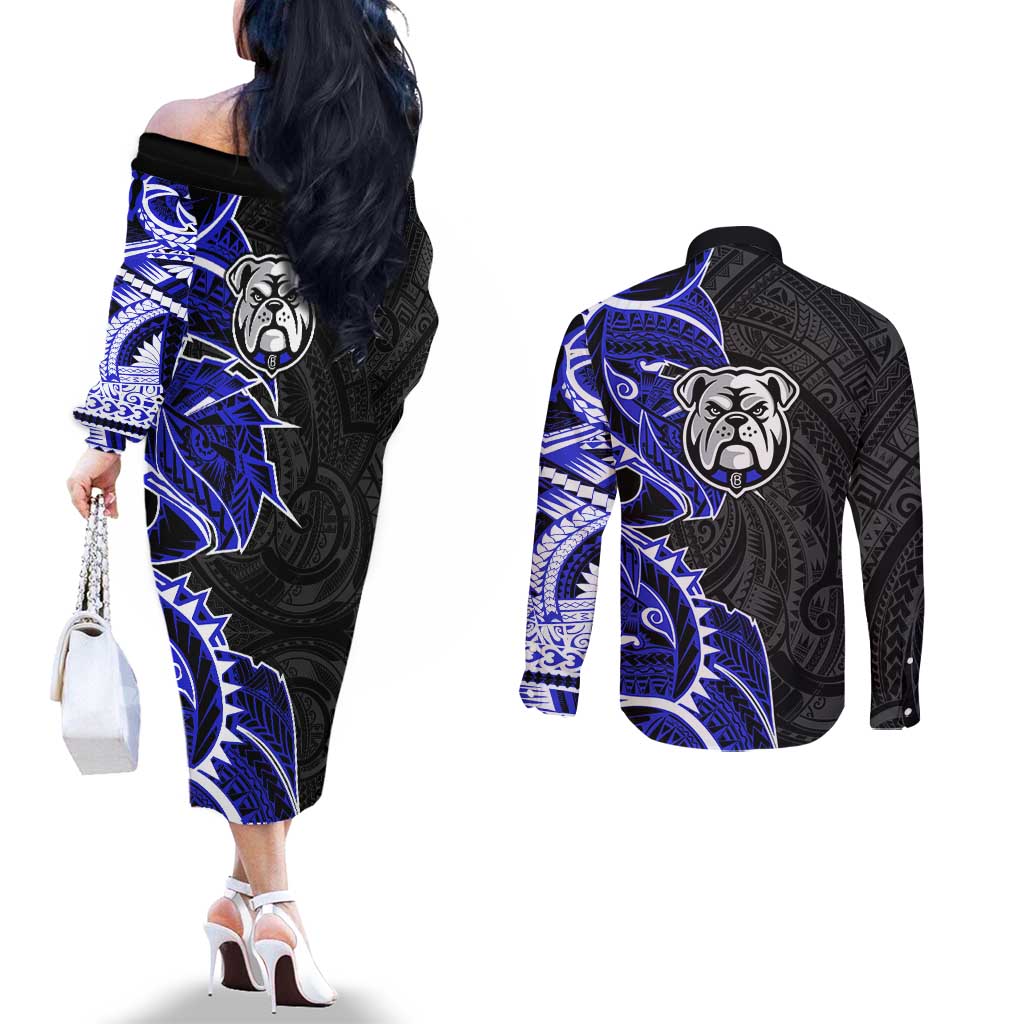 Canterbury Bankstown Bulldogs Couples Matching Off The Shoulder Long Sleeve Dress and Long Sleeve Button Shirt Polynesian Tribal Tattoo Pacific Sport Art