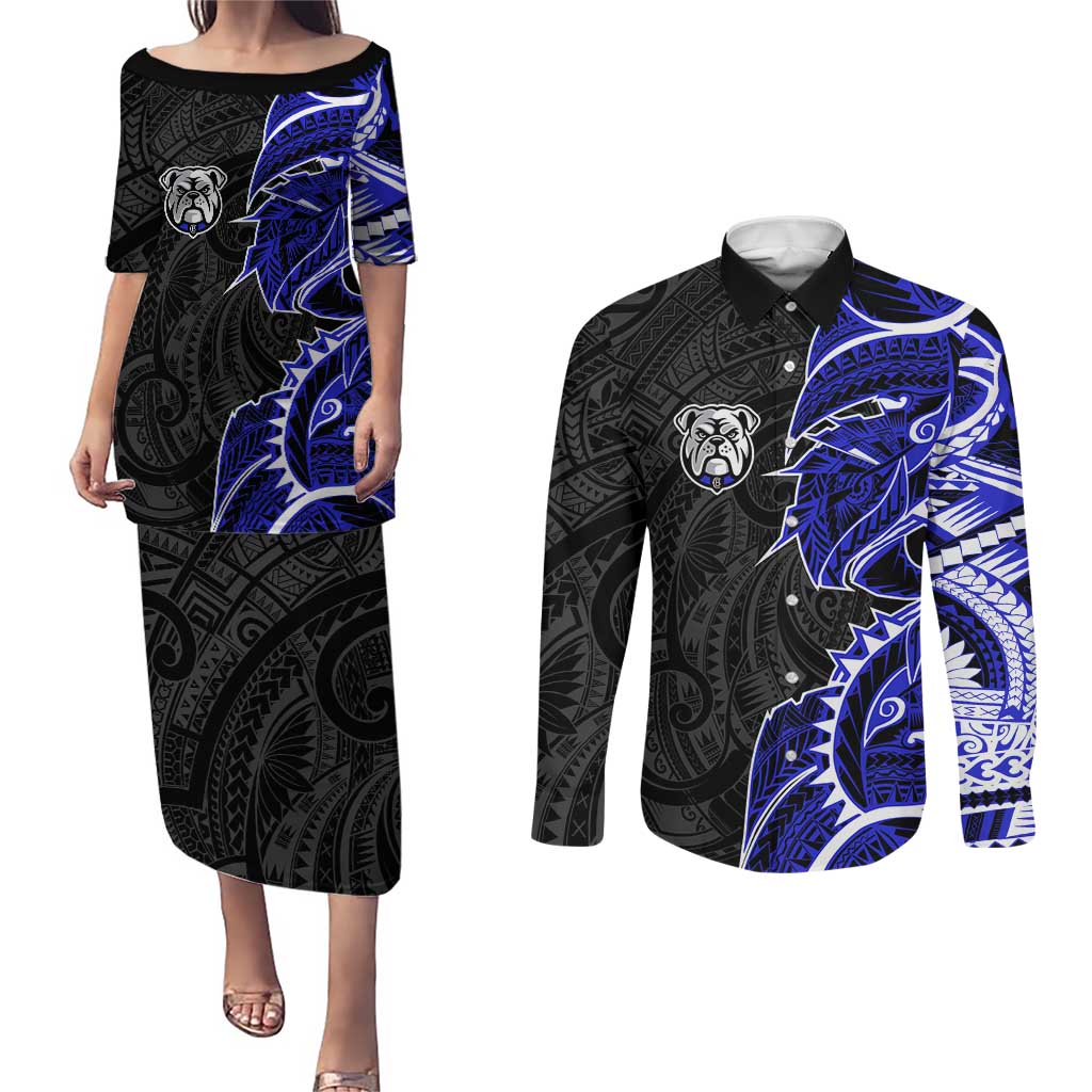 Canterbury Bankstown Bulldogs Couples Matching Puletasi and Long Sleeve Button Shirt Polynesian Tribal Tattoo Pacific Sport Art