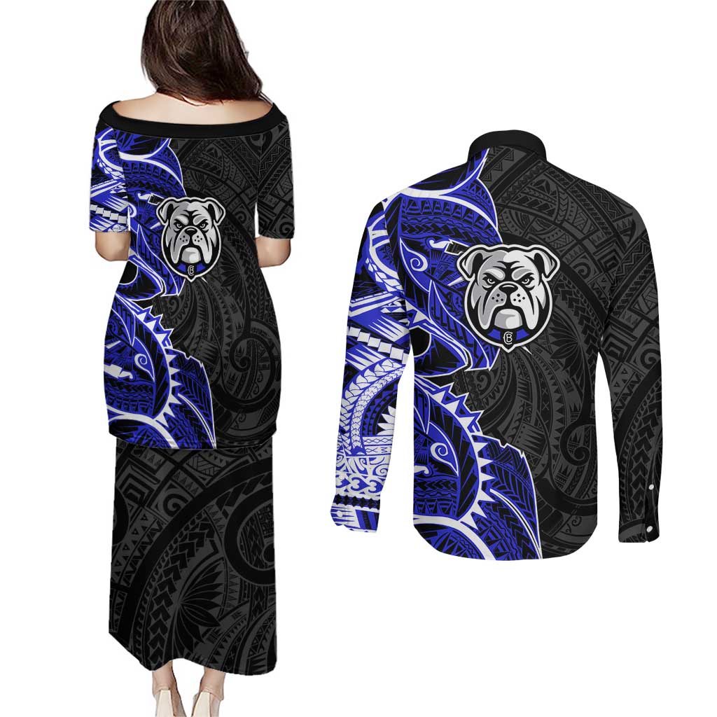 Canterbury Bankstown Bulldogs Couples Matching Puletasi and Long Sleeve Button Shirt Polynesian Tribal Tattoo Pacific Sport Art
