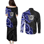 Canterbury Bankstown Bulldogs Couples Matching Puletasi and Long Sleeve Button Shirt Polynesian Tribal Tattoo Pacific Sport Art