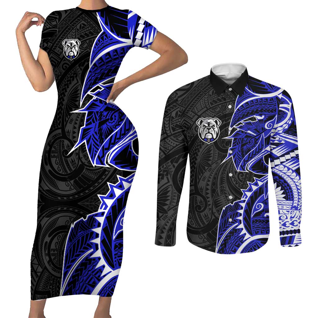Canterbury Bankstown Bulldogs Couples Matching Short Sleeve Bodycon Dress and Long Sleeve Button Shirt Polynesian Tribal Tattoo Pacific Sport Art