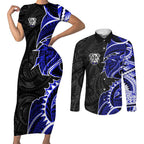 Canterbury Bankstown Bulldogs Couples Matching Short Sleeve Bodycon Dress and Long Sleeve Button Shirt Polynesian Tribal Tattoo Pacific Sport Art