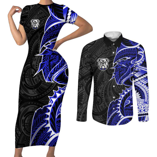 Canterbury Bankstown Bulldogs Couples Matching Short Sleeve Bodycon Dress and Long Sleeve Button Shirt Polynesian Tribal Tattoo Pacific Sport Art
