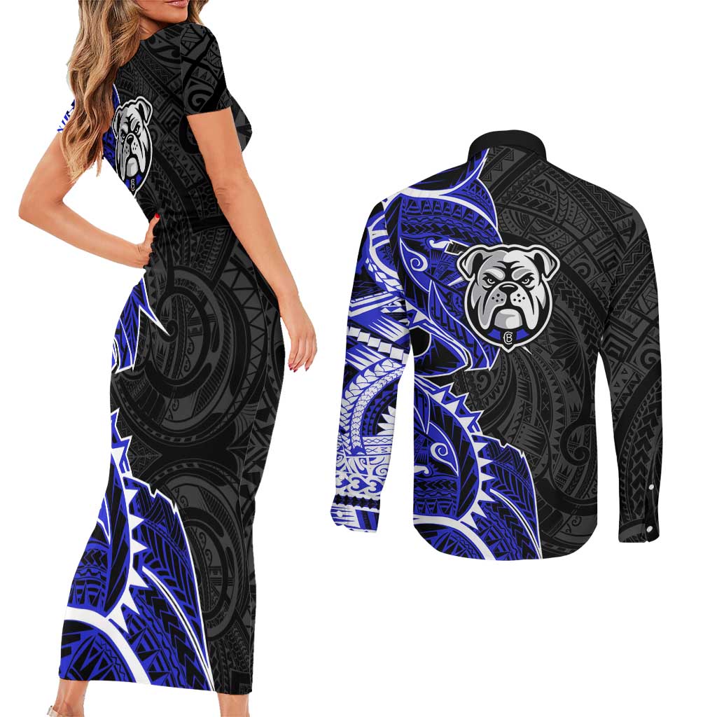 Canterbury Bankstown Bulldogs Couples Matching Short Sleeve Bodycon Dress and Long Sleeve Button Shirt Polynesian Tribal Tattoo Pacific Sport Art