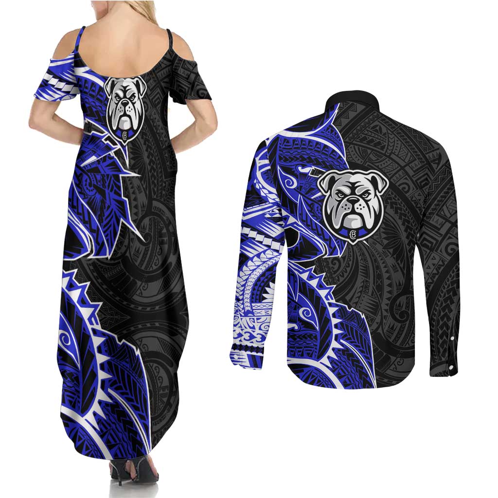 Canterbury Bankstown Bulldogs Couples Matching Summer Maxi Dress and Long Sleeve Button Shirt Polynesian Tribal Tattoo Pacific Sport Art
