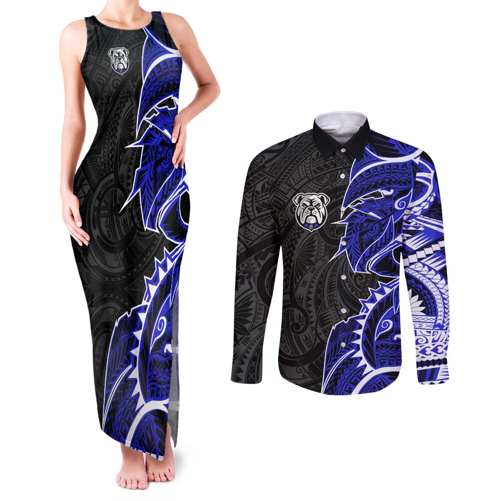 Canterbury Bankstown Bulldogs Couples Matching Tank Maxi Dress and Long Sleeve Button Shirt Polynesian Tribal Tattoo Pacific Sport Art