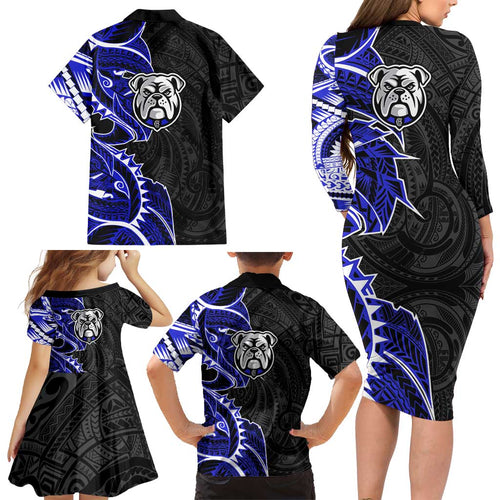 Canterbury Bankstown Bulldogs Family Matching Long Sleeve Bodycon Dress and Hawaiian Shirt Polynesian Tribal Tattoo Pacific Sport Art