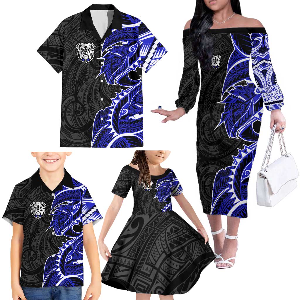 Canterbury Bankstown Bulldogs Family Matching Off The Shoulder Long Sleeve Dress and Hawaiian Shirt Polynesian Tribal Tattoo Pacific Sport Art