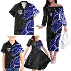 Canterbury Bankstown Bulldogs Family Matching Off The Shoulder Long Sleeve Dress and Hawaiian Shirt Polynesian Tribal Tattoo Pacific Sport Art