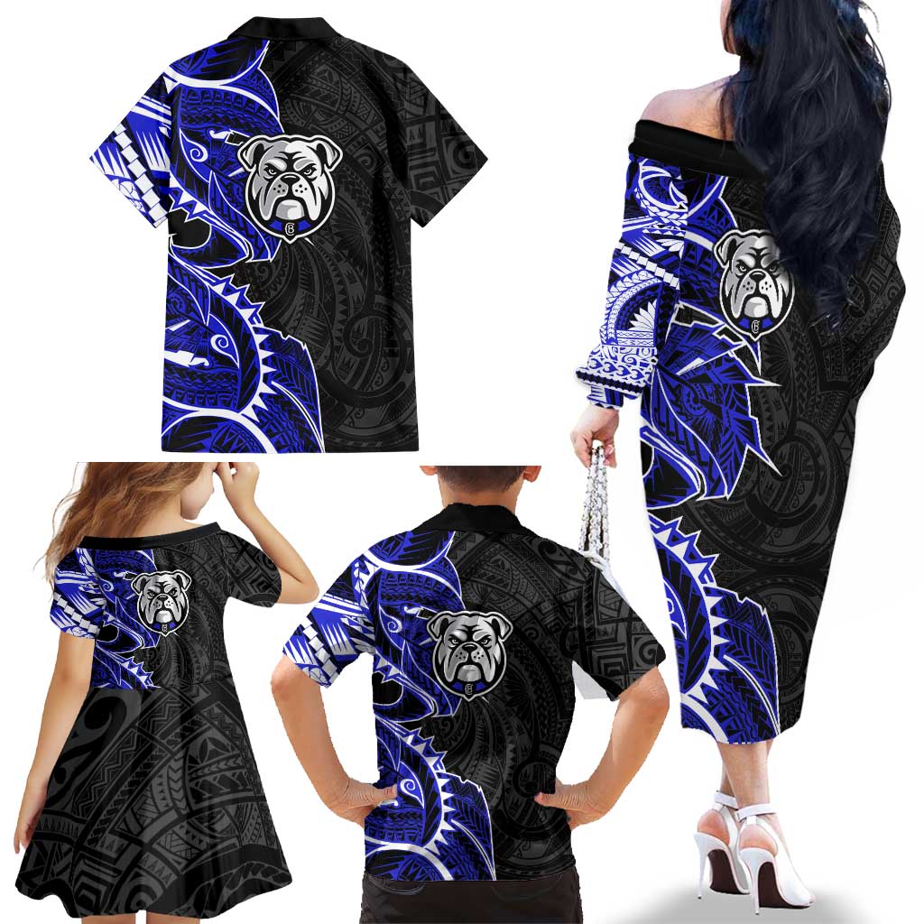 Canterbury Bankstown Bulldogs Family Matching Off The Shoulder Long Sleeve Dress and Hawaiian Shirt Polynesian Tribal Tattoo Pacific Sport Art