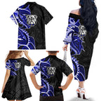 Canterbury Bankstown Bulldogs Family Matching Off The Shoulder Long Sleeve Dress and Hawaiian Shirt Polynesian Tribal Tattoo Pacific Sport Art