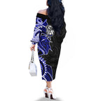 Canterbury Bankstown Bulldogs Family Matching Off The Shoulder Long Sleeve Dress and Hawaiian Shirt Polynesian Tribal Tattoo Pacific Sport Art