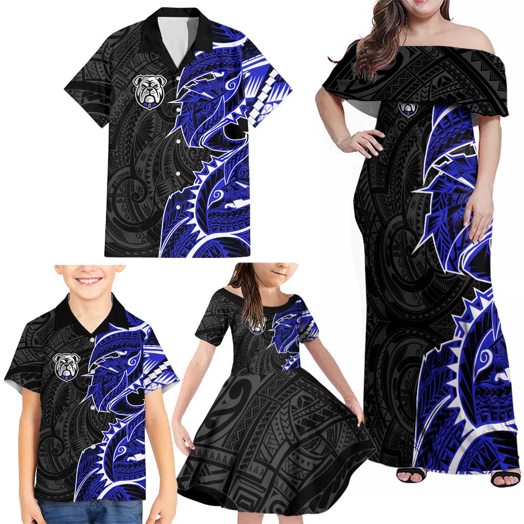 Canterbury Bankstown Bulldogs Family Matching Off Shoulder Maxi Dress and Hawaiian Shirt Polynesian Tribal Tattoo Pacific Sport Art