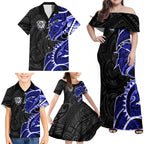 Canterbury Bankstown Bulldogs Family Matching Off Shoulder Maxi Dress and Hawaiian Shirt Polynesian Tribal Tattoo Pacific Sport Art