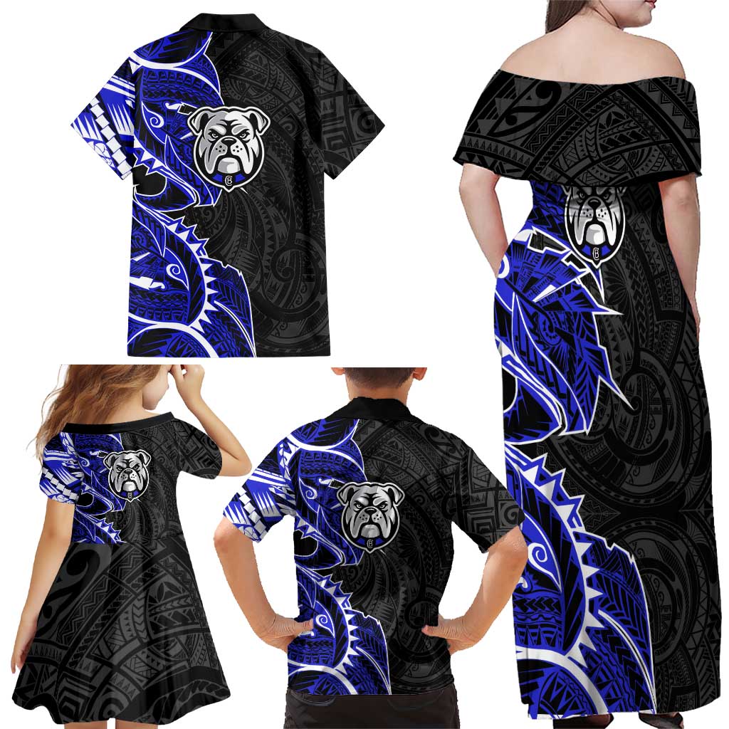 Canterbury Bankstown Bulldogs Family Matching Off Shoulder Maxi Dress and Hawaiian Shirt Polynesian Tribal Tattoo Pacific Sport Art