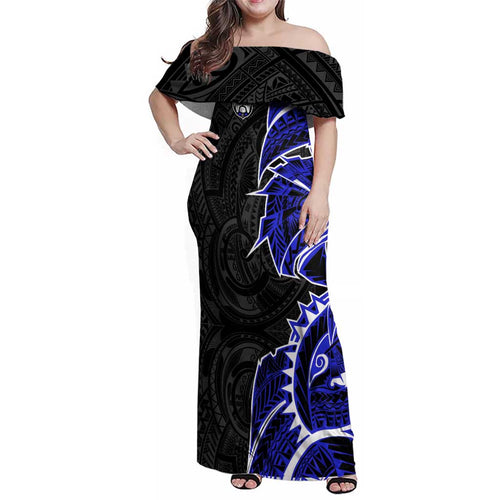 Canterbury Bankstown Bulldogs Family Matching Off Shoulder Maxi Dress and Hawaiian Shirt Polynesian Tribal Tattoo Pacific Sport Art