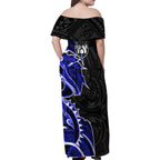 Canterbury Bankstown Bulldogs Family Matching Off Shoulder Maxi Dress and Hawaiian Shirt Polynesian Tribal Tattoo Pacific Sport Art